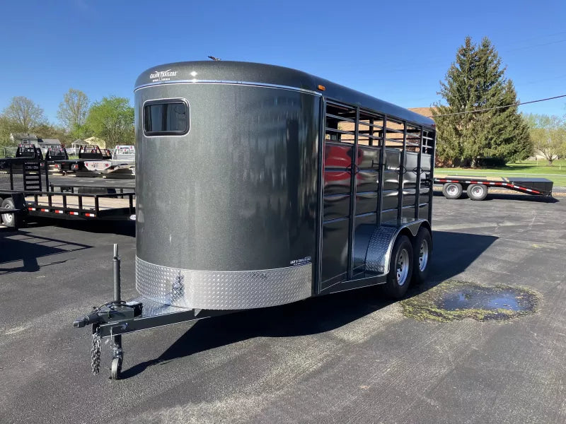 16-foot Delco bumper-pull stock trailer for livestock rental at Flying F Trailers